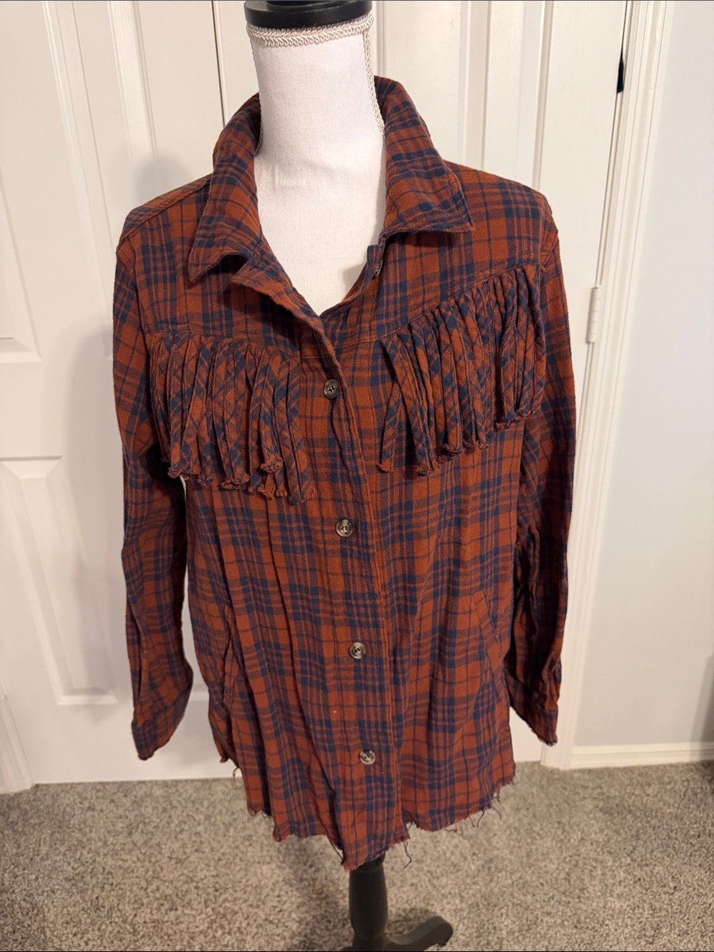Democracy Rust and Navy Plaid Fringe Button-Down Shirt